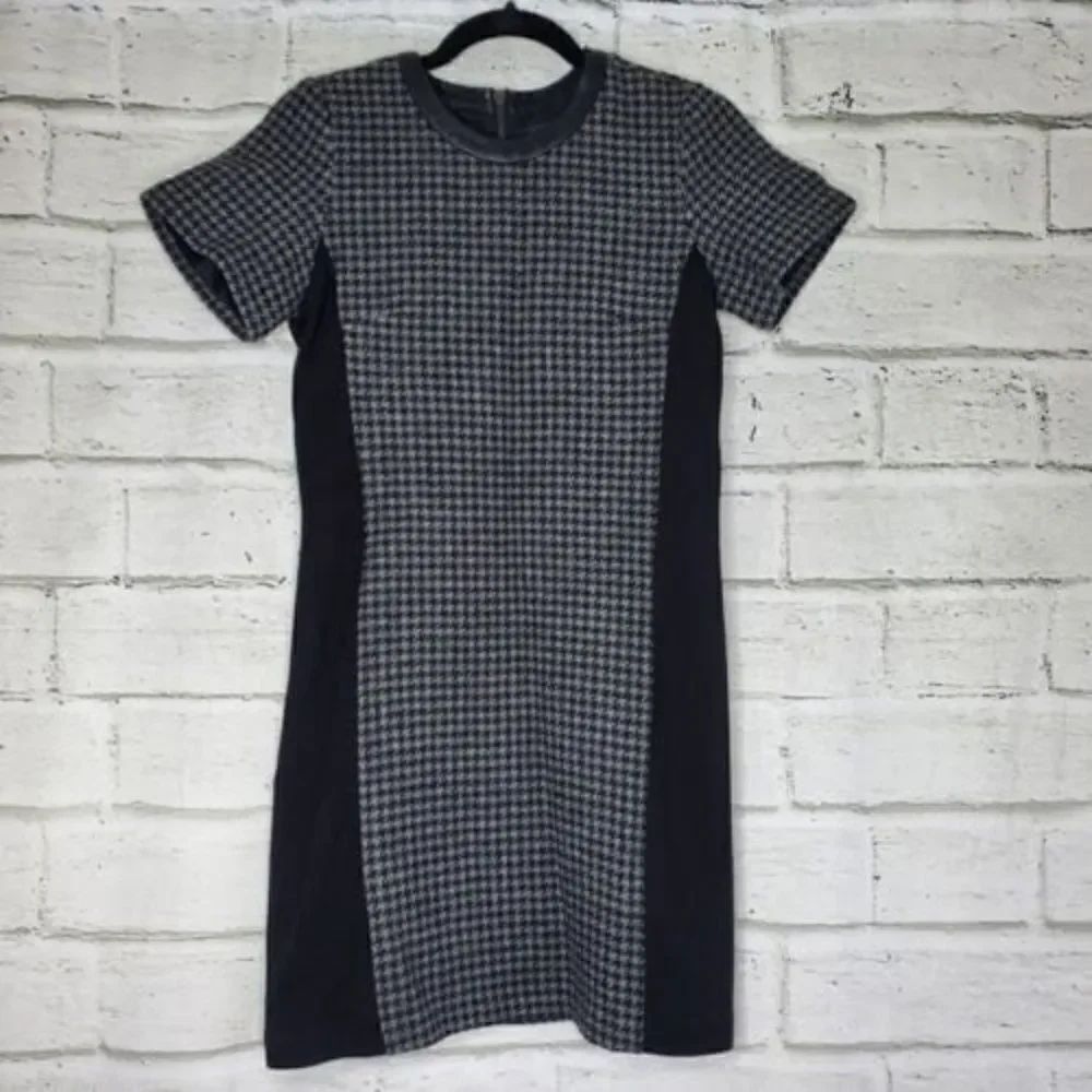 J CREW Sz 0 Mixed Houndstooth Short Sleeve Dress Gray Black Lined Style B3698